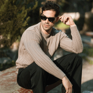 John Leopard Crewneck Cable Knit Sweater Light Bown