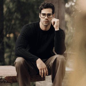 John Leopard Crewneck Cable Knit Sweater Black